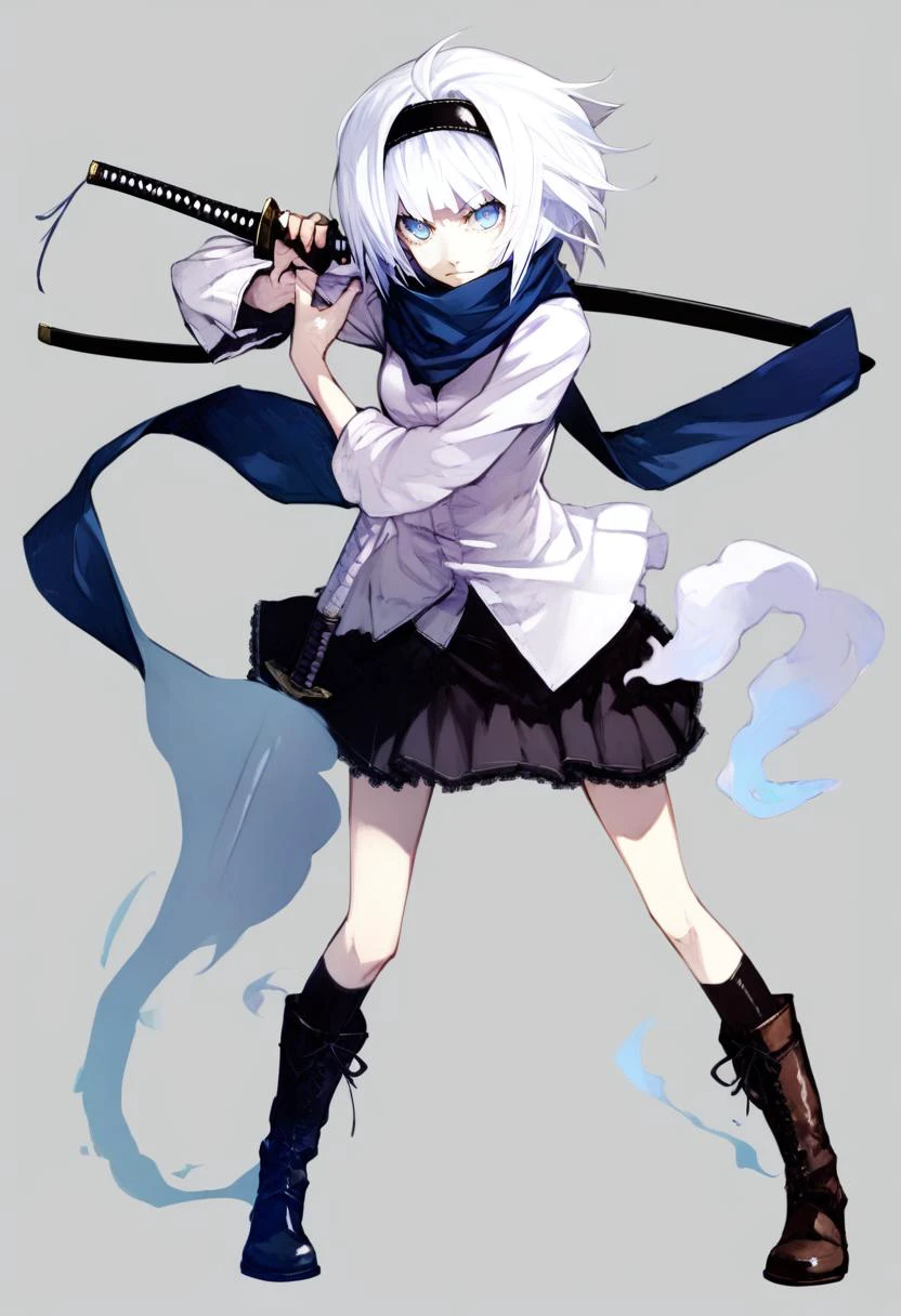 score_9, score_8_up, score_7_up, score_6_up, <lora:DPOXL:1> <lora:banpai akiraXL_JS2_lokr_V12:1>1girl, solo, weapon, sword, konpaku youmu, konpaku youmu \(ghost\), white hair, boots, alternate costume, short hair, katana, sheath, hairband, scarf, scabbard, ribbon, hitodama, simple background, blue eyes