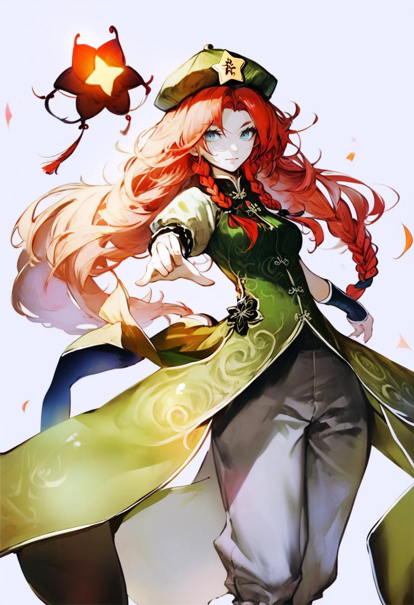 score_9, score_8_up, score_7_up, score_6_up, <lora:DPOXL:1> <lora:banpai akiraXL_JS2_lokr_V12:1>1girl, solo, long hair, hong meiling, braid, hat, red hair, twin braids, star \(symbol\), chinese clothes, blue eyes, alternate costume, pants, white background, dress, simple background, dragon, star hat ornament
