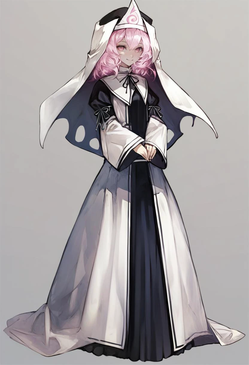 score_9, score_8_up, score_7_up, score_6_up, <lora:banpaiakiraXL_P6_lokr_V4236:0.95> 1girl, solo, saigyouji yuyuko, pink hair, pink eyes, alternate costume, triangular headpiece, hat, veil, full body, simple background, ribbon, white background, dress, long sleeves, smile, nun, short hair, habit, wide sleeves, adapted costume