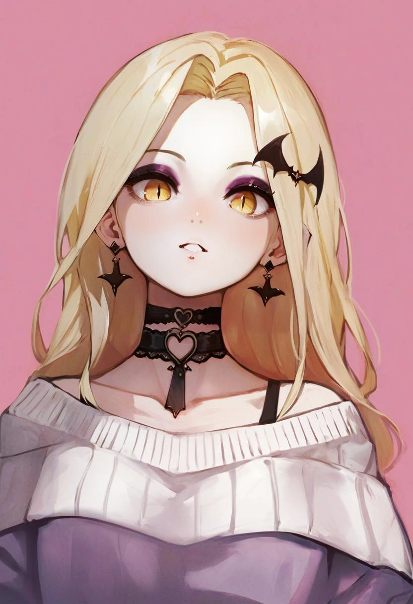 score_9, score_8_up, score_7_up, score_6_up, <lora:banpaiakiraXL_P6_lokr_V4236:0.95>  1girl, bat hair ornament, solo, choker, long hair, makeup, blonde hair, eyeshadow, yellow eyes, looking at viewer, hair ornament, pink background, black choker, earrings, jewelry, off shoulder, parted lips, collarbone, parted bangs, simple background, bangs, eyeliner, bare shoulders, piercing, upper body, mascara, forehead, lace trim, ear piercing, off-shoulder shirt, shirt, virtual youtuber, off-shoulder sweater, sweater