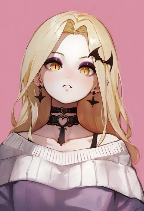 score_9, score_8_up, score_7_up, score_6_up, <lora:banpaiakiraXL_P6_lokr_V4236:0.95>  1girl, bat hair ornament, solo, choker, long hair, makeup, blonde hair, eyeshadow, yellow eyes, looking at viewer, hair ornament, pink background, black choker, earrings, jewelry, off shoulder, parted lips, collarbone, parted bangs, simple background, bangs, eyeliner, bare shoulders, piercing, upper body, mascara, forehead, lace trim, ear piercing, off-shoulder shirt, shirt, virtual youtuber, off-shoulder sweater, sweater