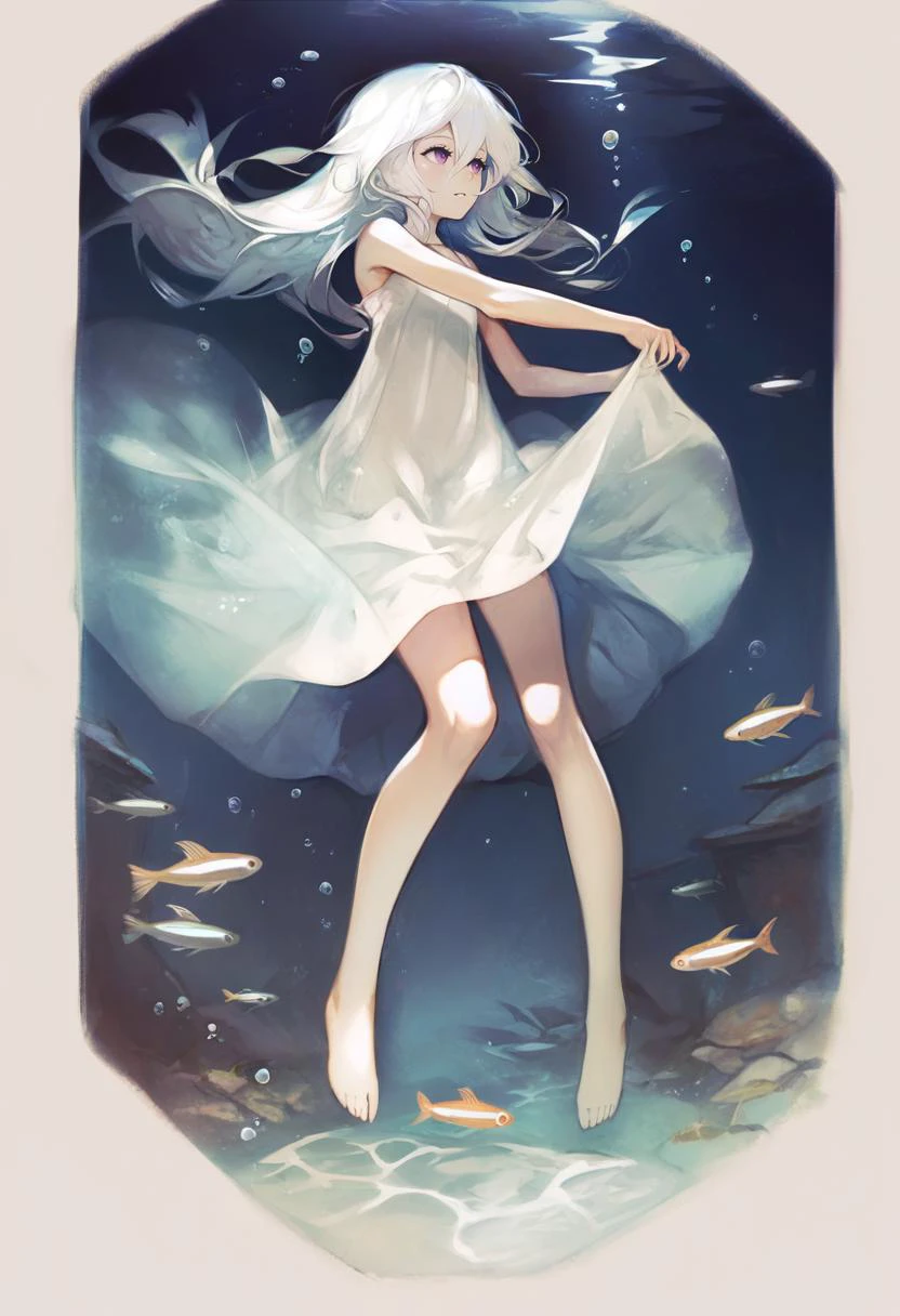 score_9, score_8_up, score_7_up, score_6_up, <lora:banpaiakiraXL_P6_lokr_V4236:0.95> 1girl, underwater, solo, dress, barefoot, long hair, blue theme, white hair, fish, air bubble, white dress, bubble, purple eyes, see-through, full body, sleeveless, bare shoulders, hair between eyes, sleeveless dress, sundress, water, bare legs, skirt hold