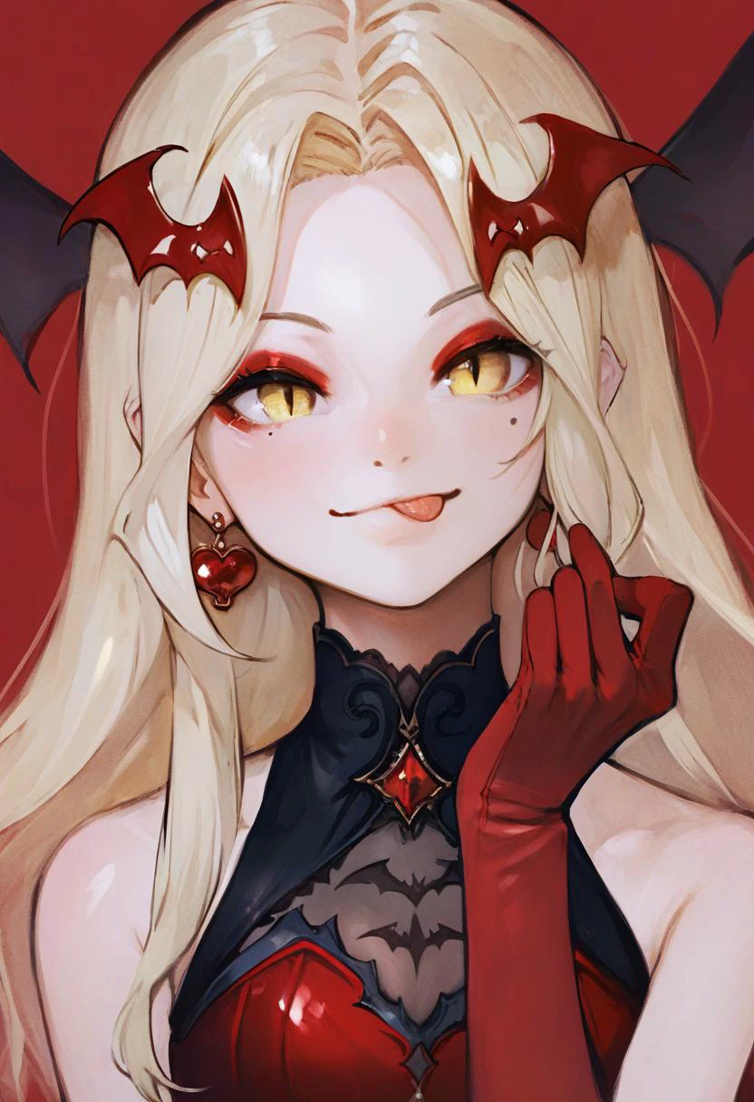 score_9, score_8_up, score_7_up, score_6_up, <lora:banpaiakiraXL_P6_lokr_V4236:0.95> 1girl, bat hair ornament, solo, gloves, tongue out, yellow eyes, tongue, long hair, blonde hair, red background, earrings, looking at viewer, hair ornament, jewelry, eyeshadow, red gloves, virtual youtuber, simple background, sleeveless, signature, portrait, smile, makeup, bangs, red eyeshadow, bare shoulders, parted bangs, upper body, mole, hand up