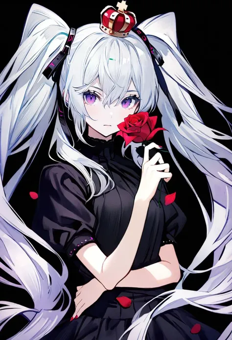 masterpiece, best quality, <lora:banpaiakiraXL_ANI31_lokr_V3236:0.95> 1girl, holding flower, solo, long hair, holding, flower, petals, crown, rose, puffy sleeves, hatsune miku, twintails, white hair, puffy short sleeves, spikes, short sleeves, black background, upper body, fingernails, very long hair, hair between eyes, purple eyes, alternate color, nail polish, red flower, simple background, closed mouth, looking at viewer, red rose, mini crown, rose petals, shirt, bangs, alternate hair color, black shirt, hand up