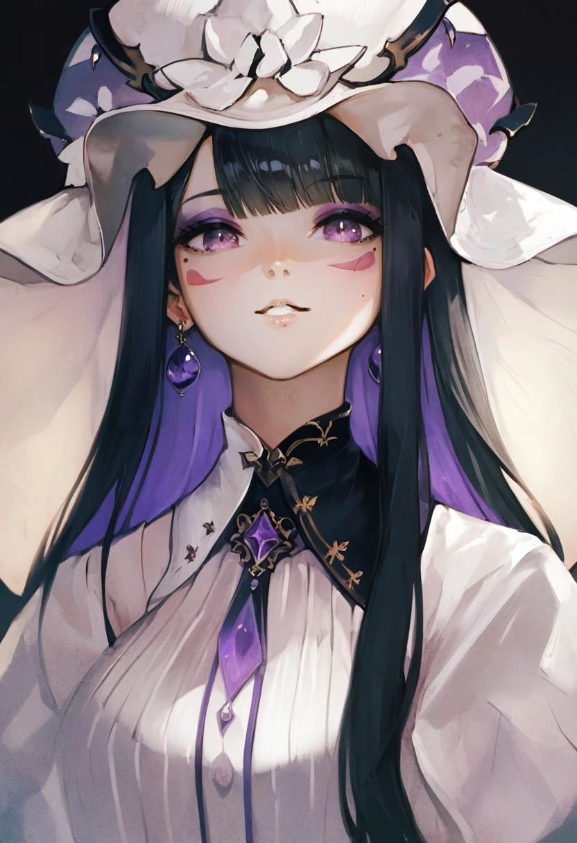 score_9, score_8_up, score_7_up, score_6_up, <lora:banpaiakiraXL_P6_lokr_V4236:0.95> 1girl, black hair, solo, hat, jewelry, earrings, purple eyes, mole under eye, long hair, looking at viewer, mole, parted lips, white headwear, black background, virtual youtuber, makeup, bangs, multicolored hair, shirt, facial mark, eyeshadow, simple background
