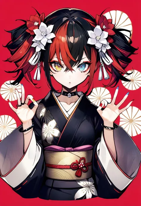 masterpiece, best quality, <lora:banpaiakiraXL_ANI31_lokr_V3236:0.95> 1girl, hair ornament, hair flower, flower, solo, kimono, black hair, japanese clothes, twintails, upper body, looking at viewer, nail polish, multicolored hair, red flower, black kimono, red background, streaked hair, red hair, white flower, hair between eyes, sash, bangs, obi, multicolored eyes, barcode, fingernails, hands up, crossed bangs, holding, jewelry, collar, multicolored nails, long sleeves, blue eyes, choker, black collar, wide sleeves, short twintails, english text, bracelet, hairclip, makeup