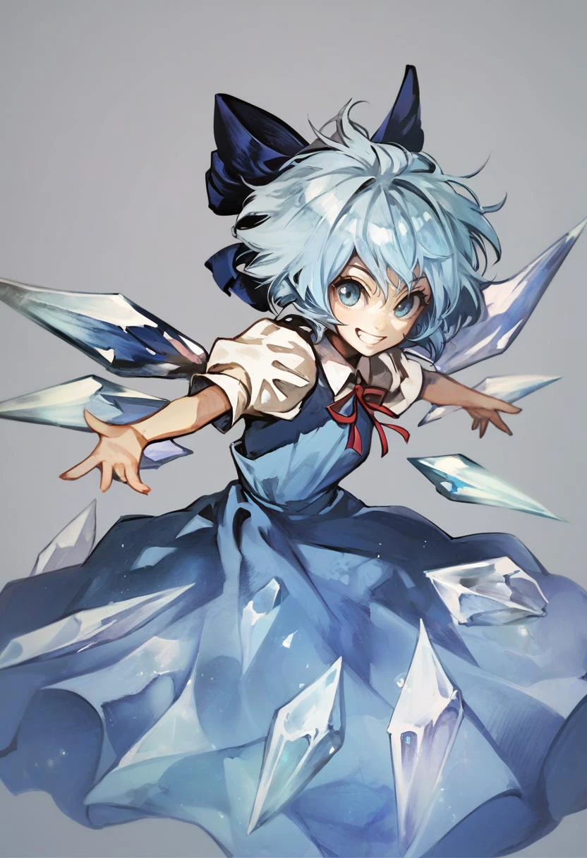 score_9, score_8_up, score_7_up, score_6_up, <lora:banpaiakiraXL_P6_lokr_V4236:0.95> 1girl, solo, cirno, blue hair, wings, ice, blue eyes, bow, hair bow, smile, ice wings, dress, grin, blue dress, short hair, ribbon, short sleeves, outstretched arms, blue bow, white background, looking at viewer, simple background, spread arms, puffy sleeves, red ribbon