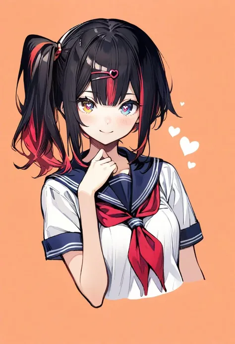 masterpiece, best quality, <lora:banpaiakiraXL_ANI31_lokr_V3236:0.95> 1girl, solo, hair ornament, smile, black hair, sailor collar, hairclip, neckerchief, side ponytail, school uniform, short sleeves, multicolored hair, upper body, looking at viewer, heart, serafuku, simple background, bangs, shirt, hand up, orange background, white shirt, multicolored eyes, blue sailor collar, closed mouth, star \(symbol\), red neckerchief, symbol-shaped pupils