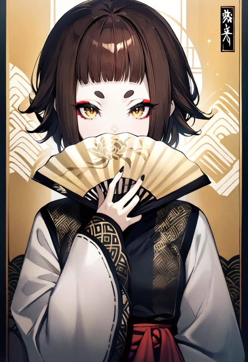 masterpiece, best quality, <lora:banpaiakiraXL_ANI31_lokr_V3236:0.95> 1girl, solo, holding, hand fan, holding fan, looking at viewer, yellow eyes, short hair, bangs, signature, short eyebrows, black nails, eyeshadow, upper body, makeup, nail polish, hikimayu, long sleeves, covering mouth, brown hair, covered mouth