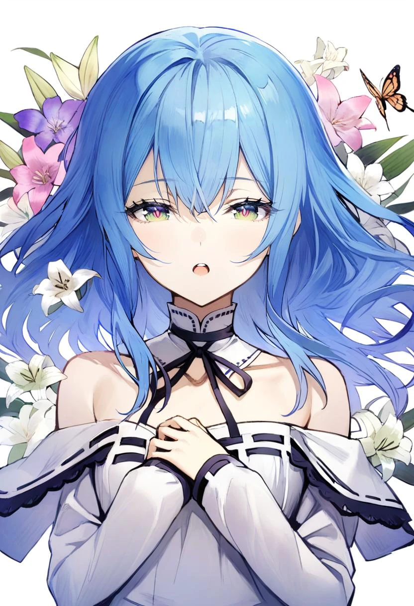 masterpiece, best quality, <lora:banpaiakiraXL_ANI31_lokr_V3236:0.95> 1girl, solo, flower, off shoulder, long hair, bare shoulders, butterfly, floating hair, dress, black ribbon, collarbone, eyelashes, bug, white background, off-shoulder dress, neck ribbon, looking at viewer, ribbon trim, simple background, upper body, hands on own chest, ribbon, blue hair, bangs, purple flower, white flower, open mouth, white dress, lily \(flower\), blurry, hands up, teeth, depth of field, long sleeves, half-closed eyes, blue flower, upper teeth only, multicolored eyes, own hands together, pink flower, detached collar, fingernails, floral background, kisaragi chihaya, blue eyes, multicolored hair, ribbon-trimmed dress, leaf, green eyes, straight-on, hair between eyes