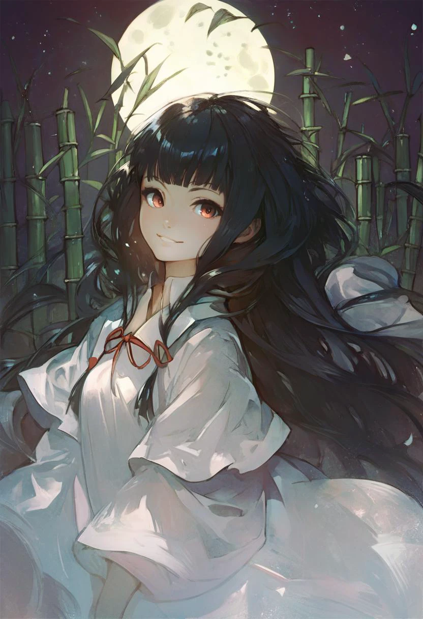 score_9, score_8_up, score_7_up, score_6_up, <lora:banpaiakiraXL_P6_lokr_V4236:0.95> 1girl, solo, houraisan kaguya, long hair, black hair, bamboo, moon, full moon, smile, very long hair, looking at viewer, bow, hime cut