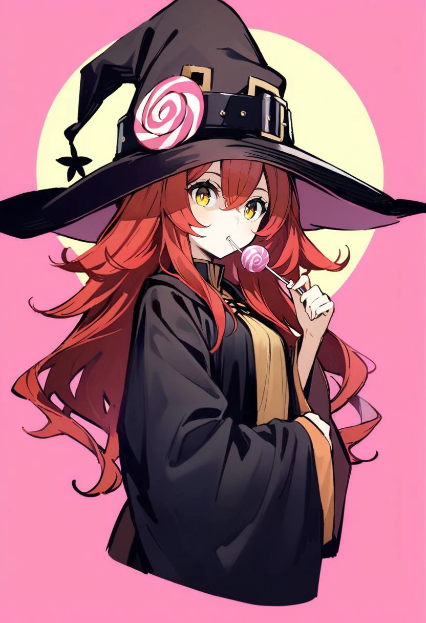 masterpiece, best quality, <lora:banpaiakiraXL_ANI31_lokr_V3236:0.95> 1girl, food, witch hat, solo, hat, red hair, candy, lollipop, long hair, holding food, holding, looking at viewer, witch, black headwear, holding candy, upper body, yellow eyes, hair between eyes, long sleeves, simple background, holding lollipop, pink background, swirl lollipop, robe, red background, wide sleeves, bangs, black robe