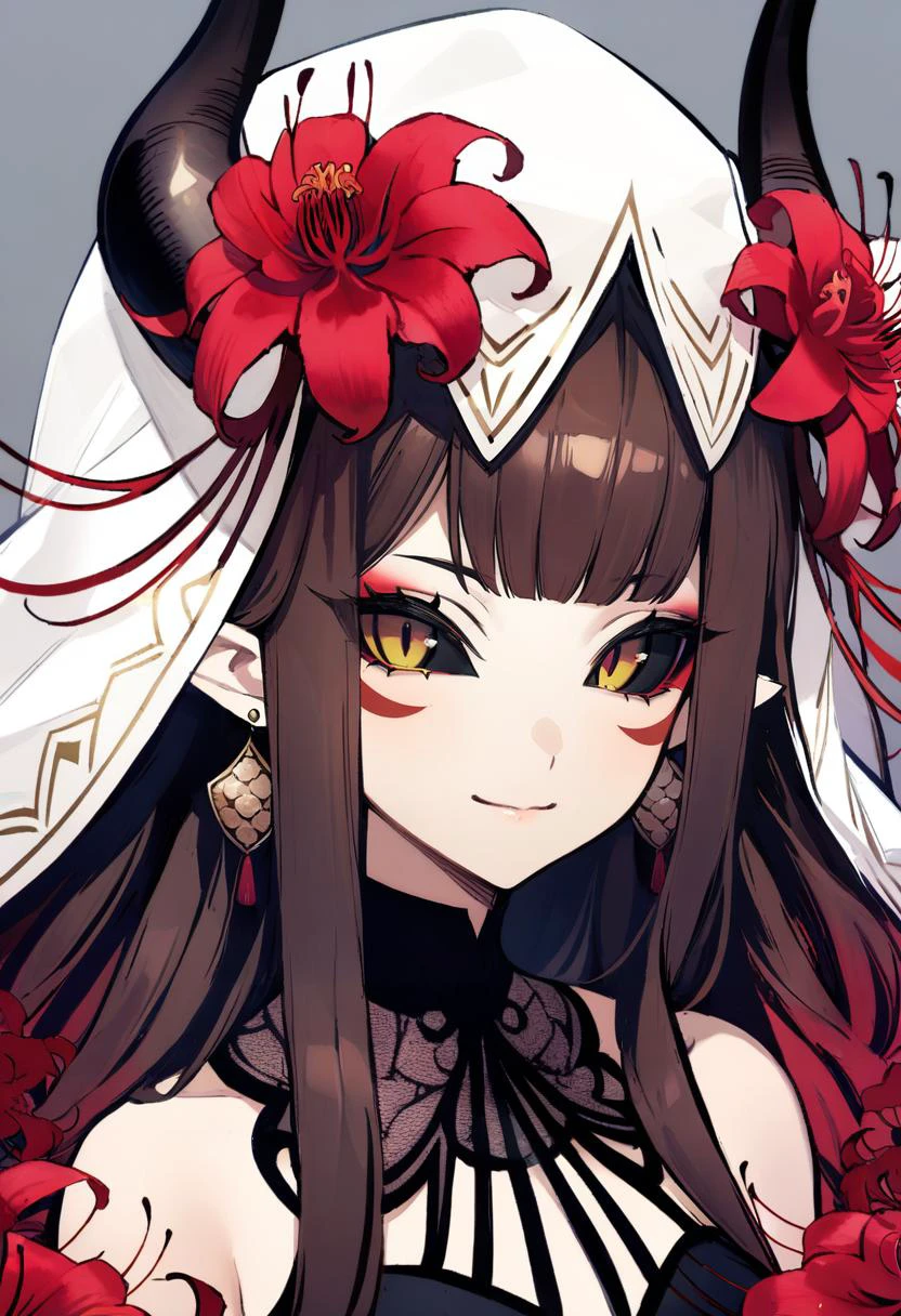masterpiece, best quality, <lora:banpaiakiraXL_ANI31_lokr_V3236:0.95> 1girl, solo, flower, hair ornament, pointy ears, yellow eyes, jewelry, hair flower, smile, earrings, looking at viewer, horns, long hair, portrait, brown hair, closed mouth, colored sclera, bangs, red flower, spider lily, facial mark, makeup, veil, black sclera