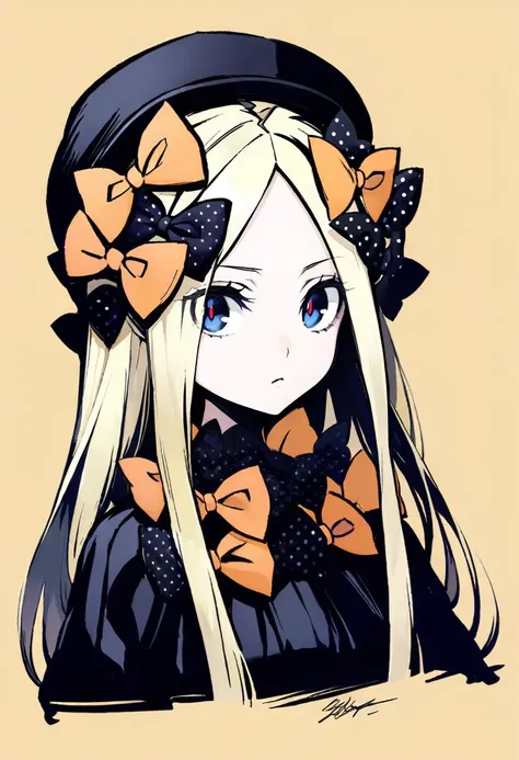 masterpiece, best quality, <lora:banpaiakiraXL_ANI31_lokr_V3236:0.95> 1girl, solo, abigail williams \(fate\), bow, blonde hair, hair bow, black bow, blue eyes, polka dot, long hair, polka dot bow, looking at viewer, hat, parted bangs, yellow background, simple background, closed mouth, orange bow, black headwear, bangs, portrait, forehead, signature, black dress, multiple hair bows, dress