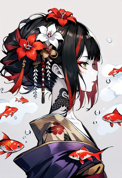 masterpiece, best quality, <lora:banpaiakiraXL_ANI31_lokr_V3236:0.95> 1girl, solo, black hair, bubble, fish, yellow eyes, profile, multicolored hair, koi, from side, red hair, goldfish, flower, grey background, makeup, parted lips, short hair, japanese clothes, portrait, eyeshadow, tattoo, air bubble, red flower, kimono, bangs, simple background, pale skin, streaked hair