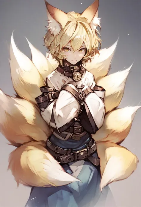 score_9, score_8_up, score_7_up, score_6_up, <lora:banpaiakiraXL_P6_lokr_V4236:0.95>  1girl, solo, yakumo ran, tail, animal ears, fox tail, multiple tails, fox ears, blonde hair, yellow eyes, short hair, no headwear, hands in opposite sleeves, belt