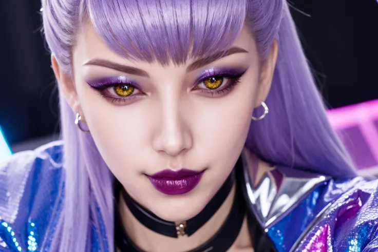 masterpiece, best quality, 1girl, idol, shiny, stage lights, close-up, <lora:KDAEvelynnv2LoRA:0.7>,  kdaevelynn with pink grey hair and orange eyes, wearing kdaoutfit, jacket and skirt and stockings and claws,