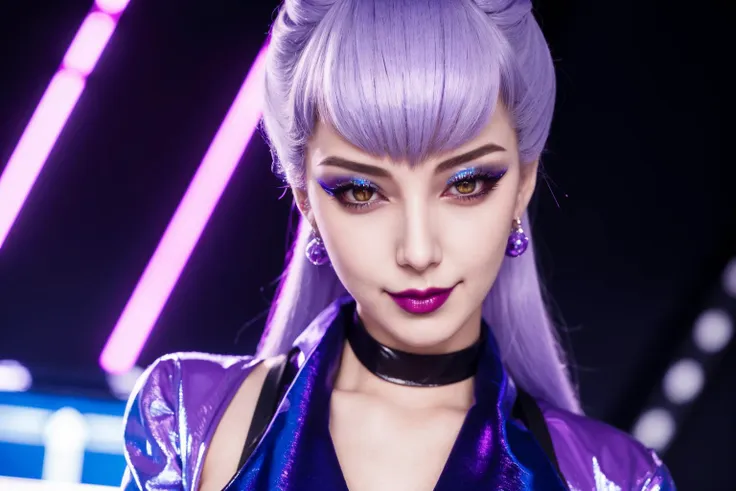 masterpiece, best quality, 1girl, idol, shiny, stage lights, close-up, <lora:KDAEvelynnv2LoRA:0.7>,  kdaevelynn with pink grey hair and orange eyes, wearing kdaoutfit, jacket and skirt and stockings and claws,