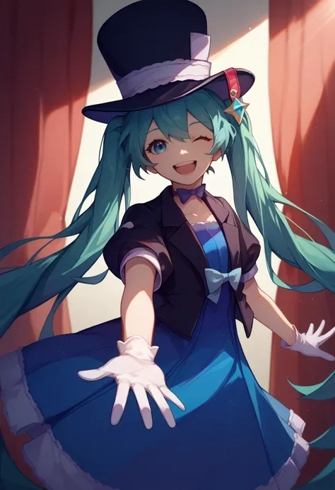 score_9, score_8_up, score_7_up, solo, 1girl, magicalmiku2013, happy, looking at viewer, upper teeth, outstretched arm, twintails, black headwear, top hat, one eye closed, black jacket, puffy short sleeves, blue dress, bow, white gloves, spotlight, red curtain <lora:vocaloid_magicalmiraimiku2013_ponyXL:1>