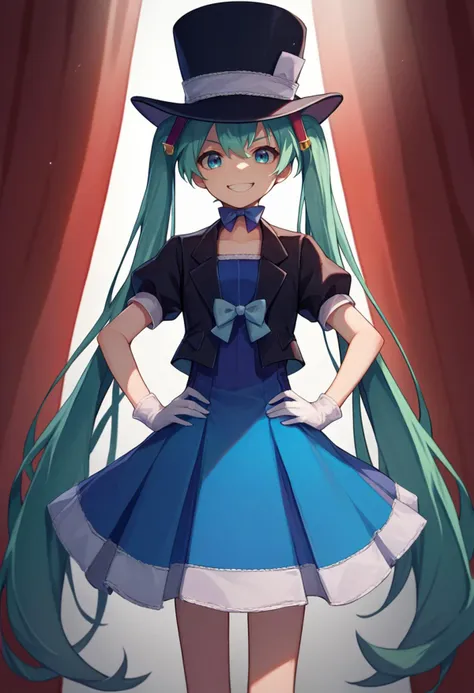 score_9, score_8_up, score_7_up, source_anime, solo, 1girl, magicalmiku2013, grin, looking at viewer, hands on own hips, twintails, black headwear, top hat, black jacket, puffy short sleeves, blue dress, bow, white gloves, spotlight, red curtain <lora:vocaloid_magicalmiraimiku2013_ponyXL:1>