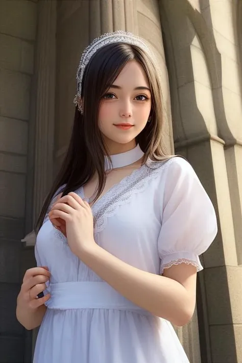 (masterpiece), (best quality), (extremely detailed), (1girl), solo, (pretty cute girl), looking at viewer, smile, slender, evenly sized eyes, extremely detailed eyes, priestess, hair ornament, upper body, (grand church of the exaltation of the holy cross steeple), outdoors, wide shot, extremely detailed wallpaper, (completely detailed features), 16k, UHD, own hands together, â¦ï¸