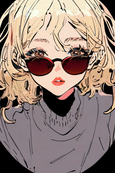 (ultra-detailed), (masterpiece), (best quality), (sharp focus), (cinematic lighting), (vibrant colors),      <lora:p0p4rt4n1m3:1> p0p4rt4n1m3, 1girl, sunglasses on head, blonde hair, plump lips, red lipstick, title head, turtle neck shirt