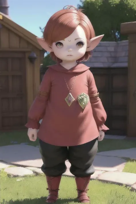 <lora:lalafellFFXIV_v10:0.8> LALAFELL
POINTY EARS
Child, chibi, standing, walking, pants, proportional eyes, (realistic:1.5), extremely detailed, hyper detailed, soft lighting, detailed background, extreme detail background, sharp details, beautiful face, symmetrical eyes, short red hair, short hair, red hair, green eyes, woman, high quality, (full body:1.3),