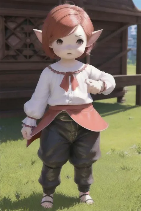 <lora:lalafellFFXIV_v10:0.8> LALAFELL
POINTY EARS
Child, chibi, standing, walking, pants, proportional eyes, (realistic:1.5), extremely detailed, hyper detailed, soft lighting, detailed background, extreme detail background, sharp details, beautiful face, symmetrical eyes, short red hair, short hair, red hair, green eyes, woman, high quality, (full body:1.3),