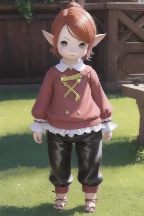 <lora:lalafellFFXIV_v10:0.8> LALAFELL
POINTY EARS
Child, chibi, standing, walking, pants, proportional eyes, (realistic:1.5), extremely detailed, hyper detailed, soft lighting, detailed background, extreme detail background, sharp details, beautiful face, symmetrical eyes, short red hair, short hair, red hair, green eyes, woman, high quality, (full body:1.3),