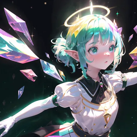 1girl, solo, masterpiece, (best quality), ultra-detailed:1.3, absurdress, 3d, beautiful ilumination, colorful skin:1.1, girl,
colorful, (lalafell), crystal rainbow hair, long hair, puffy round cheeks, Green eyes, cute, idol, dance on stage, halo, ray tracing, light notes, magic,
<lora:lalafellFFXIV_v10:0.6>
<lora:Body_GlassHair_V1:0.75>