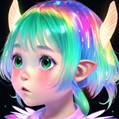 1girl, solo, masterpiece, (best quality), ultra-detailed:1.3, absurdress, 3d, beautiful ilumination, colorful skin:1.1, girl,
colorful, (lalafell), crystal rainbow hair, long hair, puffy round cheeks, Green eyes, cute, idol, dance on stage, halo, ray tracing, light notes, magic,
<lora:lalafellFFXIV_v10:0.6>
<lora:Body_GlassHair_V1:0.75>