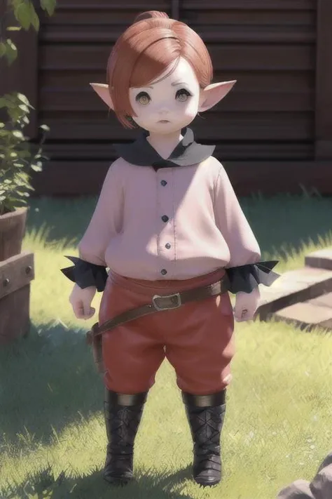 <lora:lalafellFFXIV_v10:0.8> LALAFELL
POINTY EARS
Child, chibi, standing, walking, pants, proportional eyes, (realistic:1.5), extremely detailed, hyper detailed, soft lighting, detailed background, extreme detail background, sharp details, beautiful face, symmetrical eyes, short red hair, short hair, red hair, green eyes, woman, high quality, (full body:1.3),