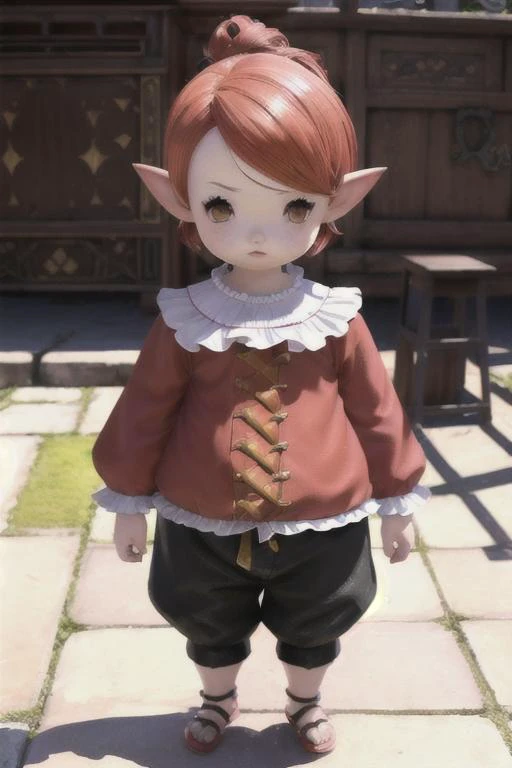 <lora:lalafellFFXIV_v10:0.8> LALAFELL
POINTY EARS
Child, chibi, standing, walking, pants, proportional eyes, (realistic:1.5), extremely detailed, hyper detailed, soft lighting, detailed background, extreme detail background, sharp details, beautiful face, symmetrical eyes, short red hair, short hair, red hair, green eyes, woman, high quality, (full body:1.3),