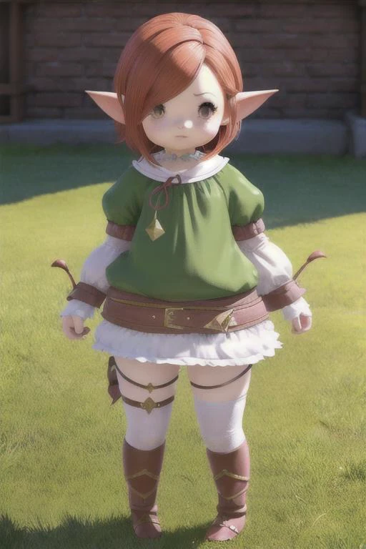 <lora:lalafellFFXIV_v10:0.8> LALAFELL
POINTY EARS
, chibi, standing, walking, proportional eyes, (realistic:1.5), extremely detailed, hyper detailed, soft lighting, detailed background, extreme detail background, sharp details, beautiful face, symmetrical eyes, short red hair, short hair, red hair, green eyes, woman, high quality, (full body:1.3),