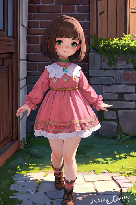 (masterpiece, best quality;1.3), extremely detailed picture, ultra detailed, <lora:LalafellXIV_v1:0.7>, Lalafell, brown hair, green eyes, bob cut, pov, pink detailed dress, looking at viewer, city, walking, smile, full body,