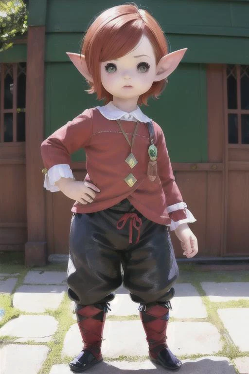 <lora:lalafellFFXIV_v10:0.8> LALAFELL
POINTY EARS
Child, chibi, standing, walking, pants, proportional eyes, (realistic:1.5), extremely detailed, hyper detailed, soft lighting, detailed background, extreme detail background, sharp details, beautiful face, symmetrical eyes, short red hair, short hair, red hair, green eyes, woman, high quality, (full body:1.3),