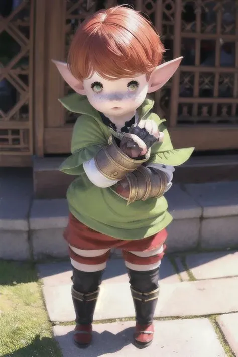 <lora:lalafellFFXIV_v10:1> LALAFELL
POINTY EARS, proportional eyes, (realistic:1.5), extremely detailed, hyper detailed, soft lighting, detailed background, extreme detail background, sharp details, beautiful face, symmetrical eyes, short red hair, short hair, red hair, green eyes, woman, high quality, (full body:1.3),
