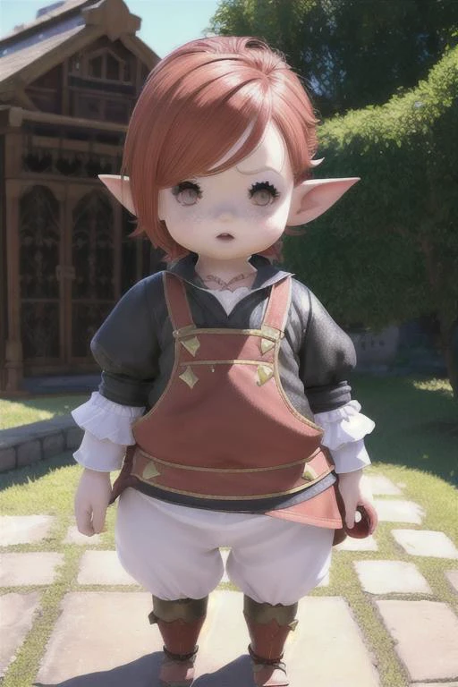 <lora:lalafellFFXIV_v10:0.8> LALAFELL
POINTY EARS
, chibi, standing, walking, proportional eyes, (realistic:1.5), extremely detailed, hyper detailed, soft lighting, detailed background, extreme detail background, sharp details, beautiful face, symmetrical eyes, short red hair, short hair, red hair, green eyes, woman, high quality, (full body:1.3),