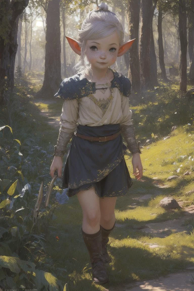 1girl, lalafell, pointy ears, shortstack, flat chest, medieval clothes, happy face, walking in forest road, light ray, (oil painting:1.3), illustration, by (Clyde caldwell, frank frazetta, Larry Elmore:1.2), (beautiful eyes, detailed pupils:1.2), dnd, fantasy art, best quality, masterpiece, <lora:LalafellXIV_v1:0.8>