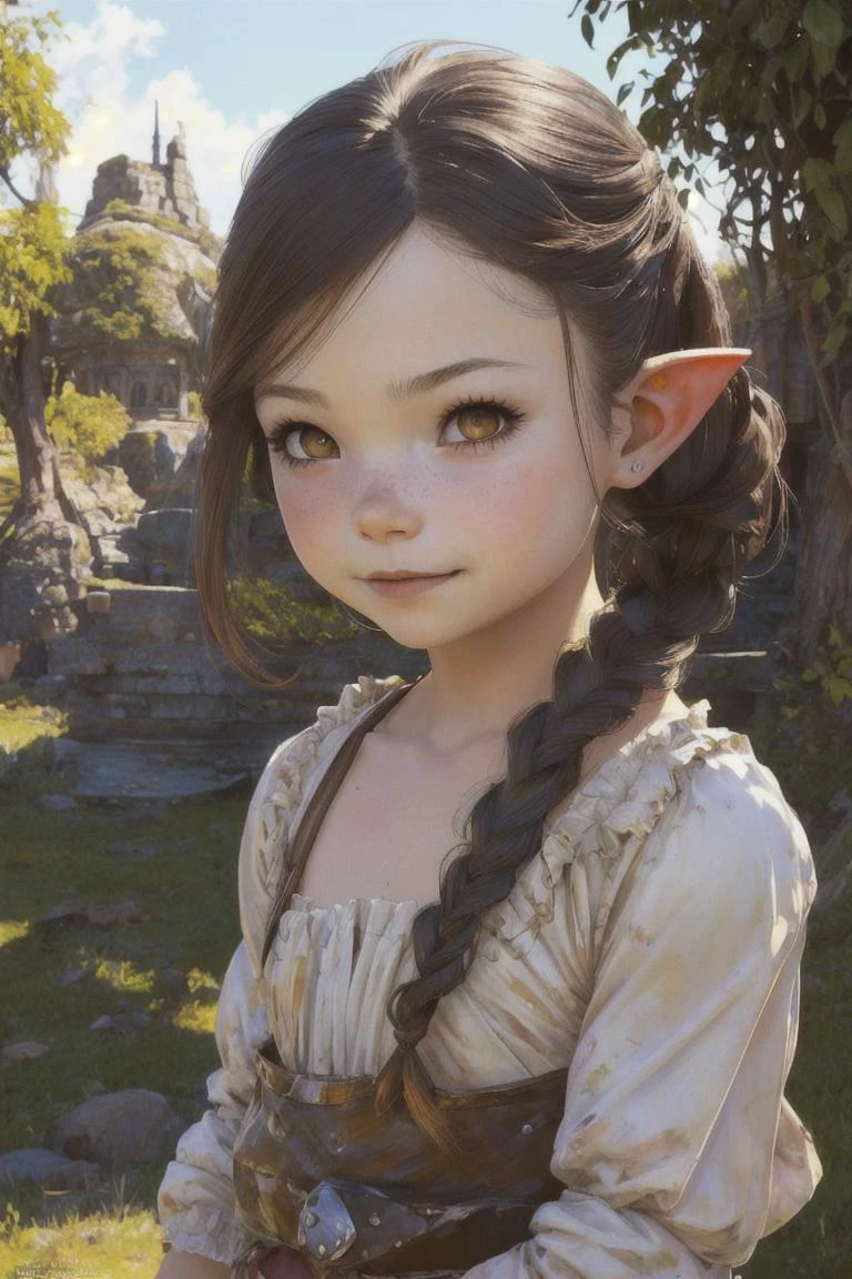1girl, lalafell, pointy ears, shortstack, flat chest, dress, braid hair, happy face, (oil painting:1.3), illustration, by (Clyde caldwell, frank frazetta, Larry Elmore:1.2), (beautiful eyes, detailed pupils:1.2), dnd, fantasy art, best quality, masterpiece, <lora:LalafellXIV_v1:0.8>