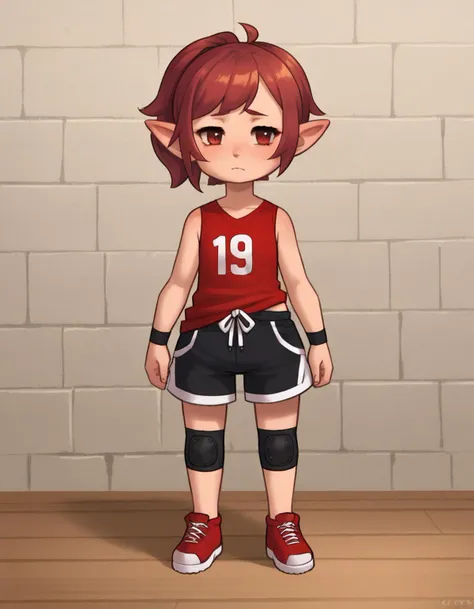 zPDXL, score_9, score_8_up, score_7_up, source_anime,
1girl, solo, sad, arms_up, volleyball player wearing a red  sleeveless shirt, athletic shorts, volleyball shoes, knee pads, <lora:Lalafell_v2-10:1> lalafell, pointy ears, shortstack, flat chest, (portrait), <lora:CherryCream_v2:1> chrrycrm