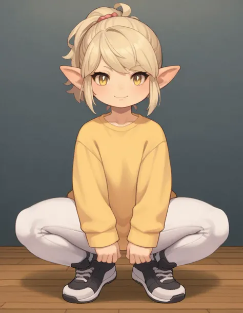 zPDXL, score_9, score_8_up, score_7_up, source_anime,
1girl, solo, light smile, (squatting), fitness woman wearing a yellow long sleeve workout shirt, white capri pants, black workout shoes, <lora:Lalafell_v2-10:1> lalafell, pointy ears, shortstack, flat chest, (portrait), <lora:TemmieChang_ver2:1> tmchng , (point-of-view shot),