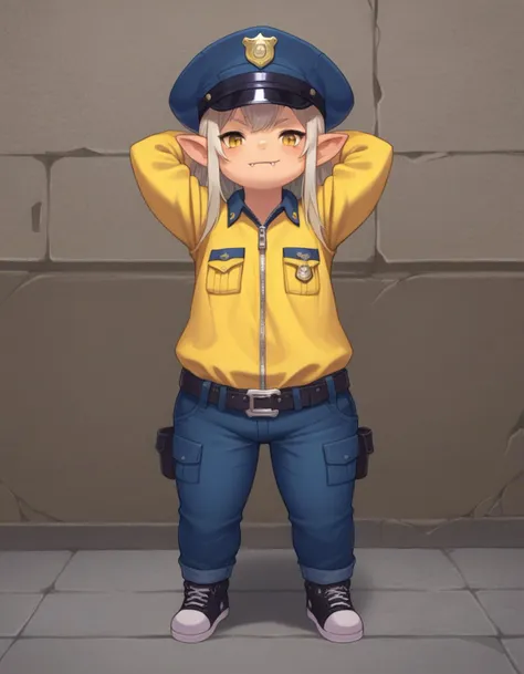 zPDXL, score_9, score_8_up, score_7_up, source_anime,
1girl, solo, skin fang, arms behind head, police officer wearing High-visibility neon yellow uniform with reflective strips, zip-up top, cargo pants, peaked cap, black sneakers, <lora:Lalafell_v2-10:1> lalafell, pointy ears, shortstack, flat chest,