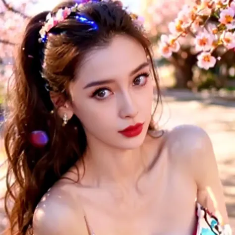 best quality, ultra high res, (photorealistic:1.4), 1girl, nude, small breast,pink nipples, black choker, bare shoulders, solo focus, looking at viewer,fair skin,sunset,cherry tree,photon mapping, physically-based rendering, RAW photo, highly detailed background,depth of field,cherry blossoms,detailed face,shiny skin,full body, <lora:angelababy_1:1>