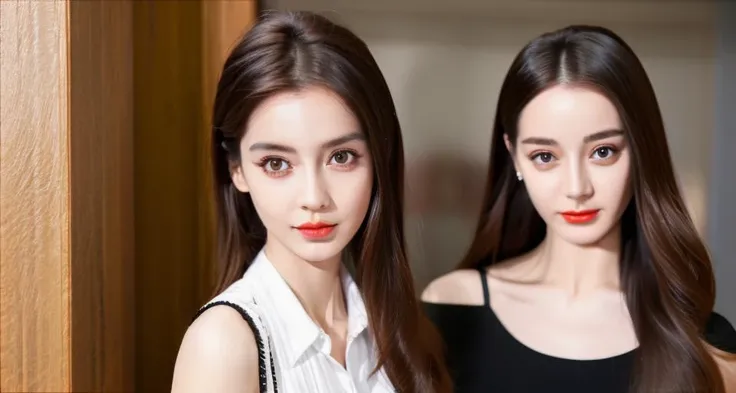 masterpiece, best quality, 2girls,looking at viewer,masterpiece, best quality, realistic, photorealistic,ultra detailed,ultra high res,an extremely detailed and delicate,extremely fine and beautiful,beautiful and clear background,
AND masterpiece, best quality, 2girls, upper body, <lora:angelababy_1:0.70>, <lora:shojovibe_v11:0.2>, short hair, looking at viewer,
AND masterpiece, best quality, 2girls, upper body, <lora:dilrabaDilmurat_v1:0.8> , <lora:cuteGirlMix4_v10:0.15> , long hair, looking at viewer,