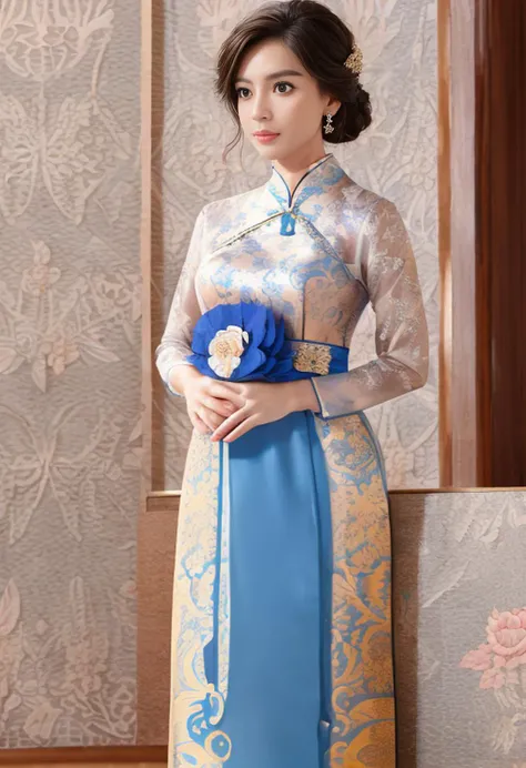 Photograph of a woman in blue with a floral pattern, top quality, masterpiece, (Real: 1.2), Vietnamese costume