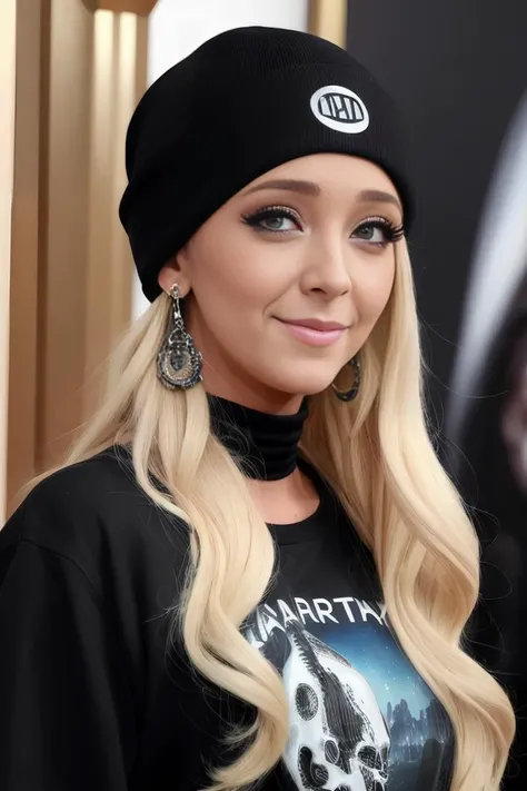 photo of (JennaMarbles), a woman as a movie star, with long flowing blonde hair, (smile with teeth), (white skull cap), modelshoot style, (extremely detailed CG unity 8k wallpaper), photo of the most beautiful artwork in the world, professional majestic oil painting by Ed Blinkey, Atey Ghailan, Studio Ghibli, by Jeremy Mann, Greg Manchess, Antonio Moro, trending on ArtStation, trending on CGSociety, Intricate, High Detail, Sharp focus, dramatic, photorealistic painting art by midjourney and greg rutkowski, (black tshirt with logo), (jeans), ((oscars ceremony)), ((standing on the red carpet)), ((paparazzi in the background)), (looking at viewer:1.3), (detailed pupils:1.3), (modern outfit:1.2), (closeup), (hoop earrings)