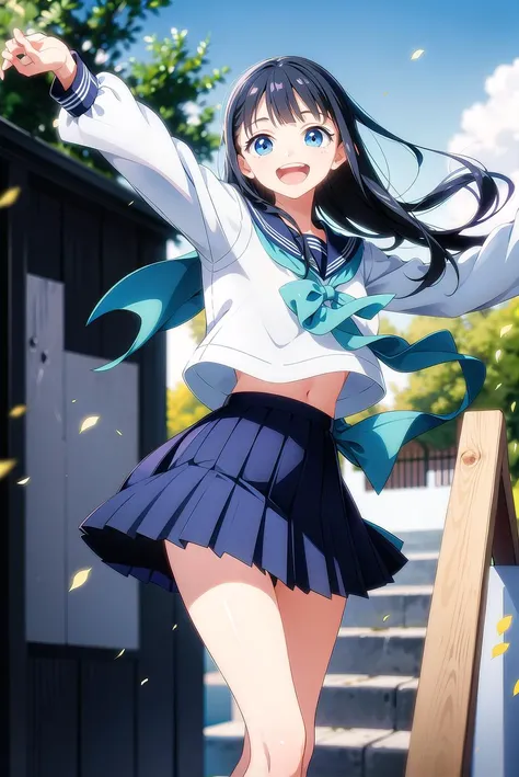 1girl, school uniform, skirt, solo, long hair, blue eyes, serafuku, black hair, sailor collar, shirt, long sleeves, blurry, looking at viewer, bow, blurry background, white shirt, stairs, pleated skirt, black skirt, smile, blue bow, bangs, depth of field, black sailor collar, standing, outdoors, beach, light blue neckerchief, closed mouth, bowtie, blue skirt, <lora:AkebiSailorV1.0:0.9>, akebisailor,open mouth,