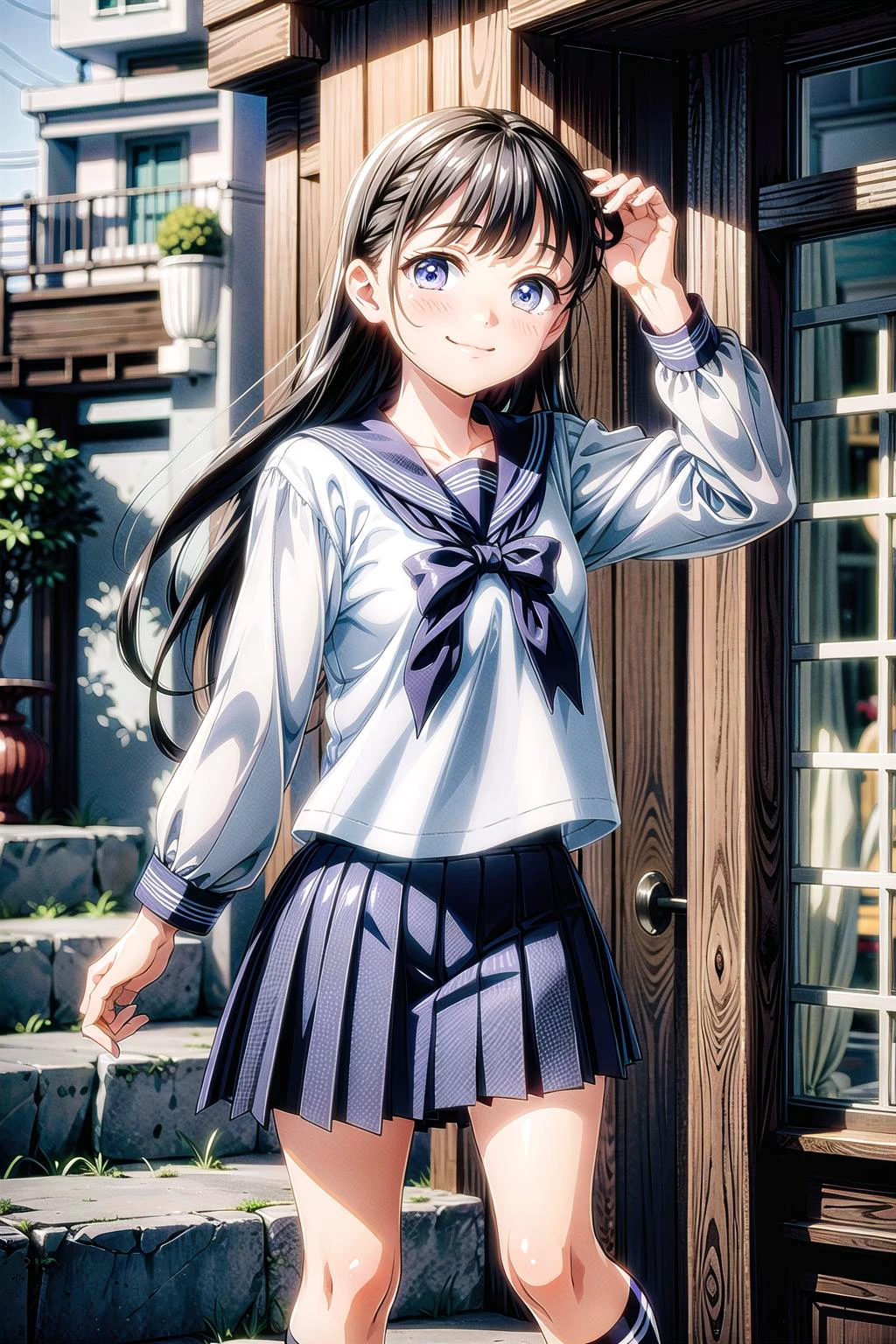 1girl, school uniform, skirt, solo, long hair, blue eyes, serafuku, black hair, sailor collar, shirt, long sleeves, blurry, looking at viewer, bow, blurry background, white shirt, stairs, pleated skirt, black skirt, smile, blue bow, bangs, depth of field, black sailor collar, standing, indoors, neckerchief, closed mouth, bowtie, blue skirt, <lora:AkebiSailorV1.0:0.9>, akebisailor, <lora:add_detail:1>