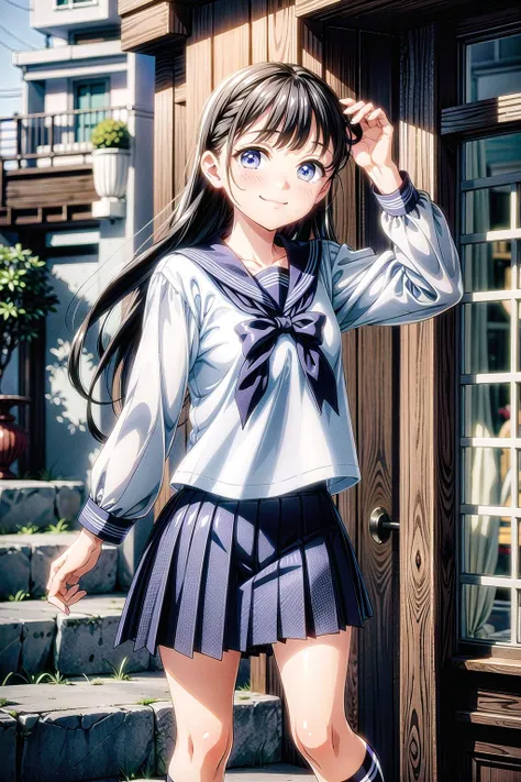 1girl, school uniform, skirt, solo, long hair, blue eyes, serafuku, black hair, sailor collar, shirt, long sleeves, blurry, looking at viewer, bow, blurry background, white shirt, stairs, pleated skirt, black skirt, smile, blue bow, bangs, depth of field, black sailor collar, standing, indoors, neckerchief, closed mouth, bowtie, blue skirt, <lora:AkebiSailorV1.0:0.9>, akebisailor,  <lora:add_detail:1>